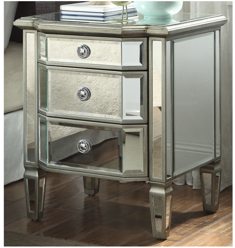 LEONORE 2 x Silver Mirror Bedside table & Dresser Chest Bedroom Package