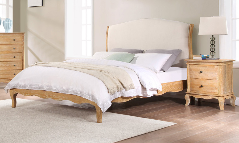 ONTARIO QUEEN Bed Oak Wood & Upholstered Weathered Provincial Finish