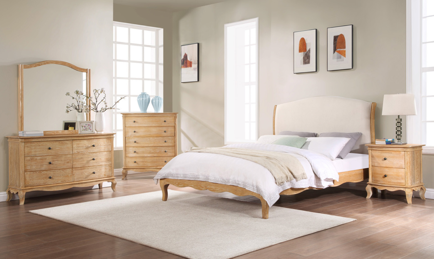ONTARIO QUEEN Bed Oak & Upholstered Weathered Provincial Finish