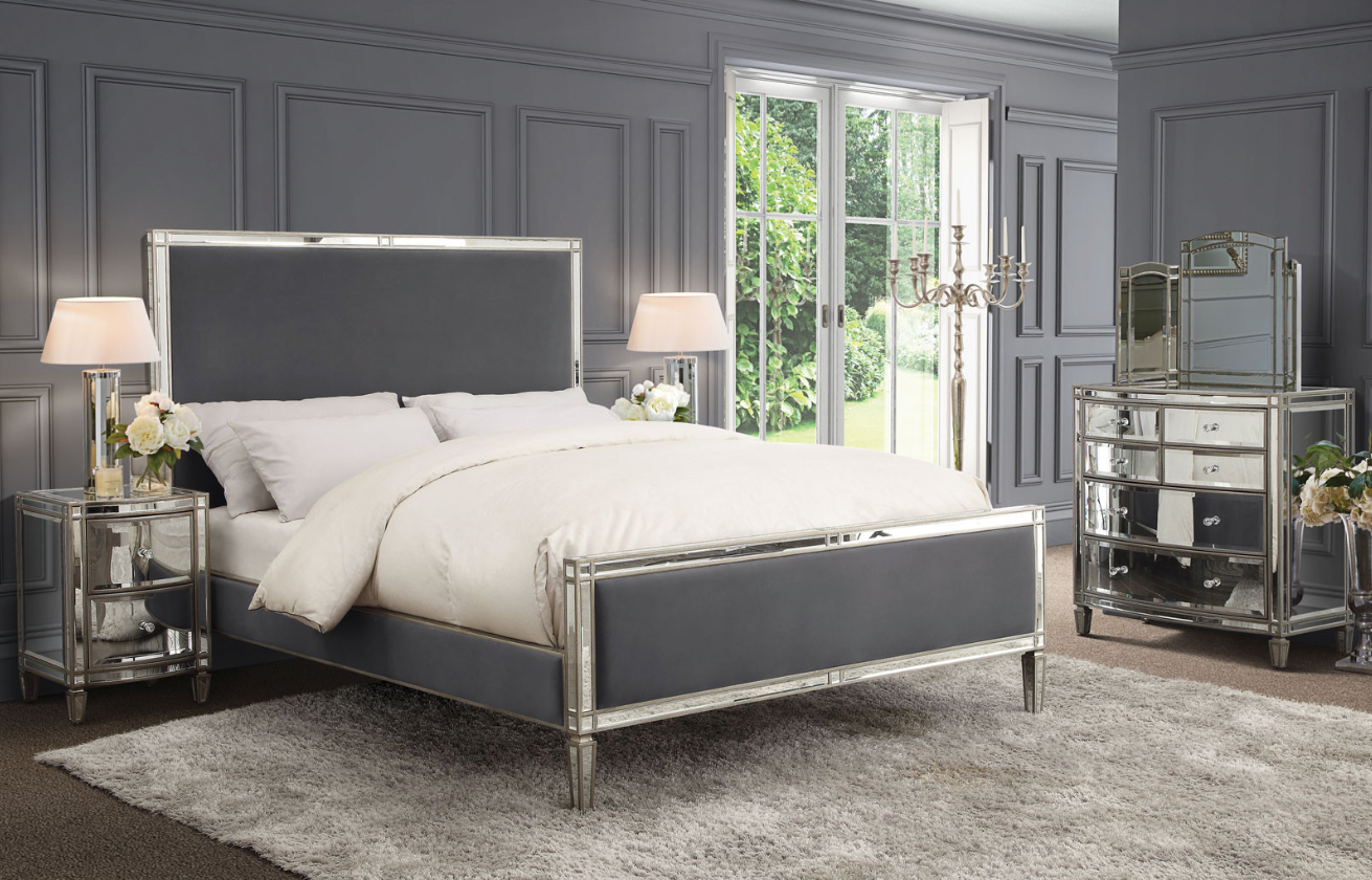Versailles Queen Bed Mirrored Panels and Storm Grey Fabric