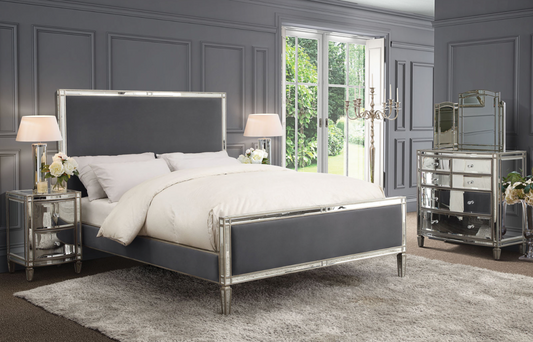 Versailles King Bed Mirrored Panels and Storm Grey Fabric