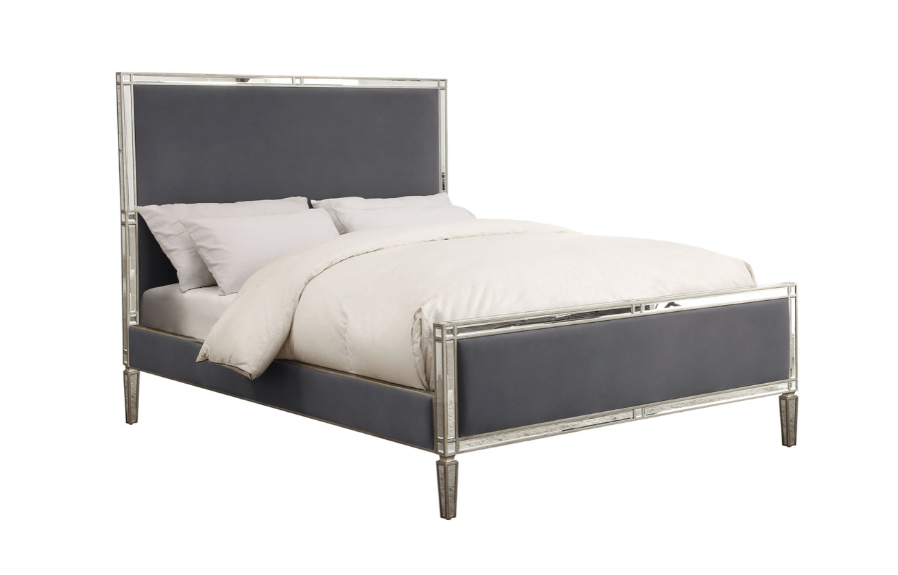 Versailles Queen Bed Mirrored Panels and Storm Grey Fabric