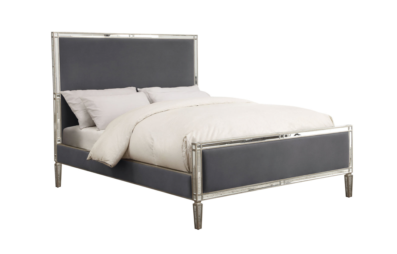 Versailles King Bed Mirrored Panels and Storm Grey Fabric