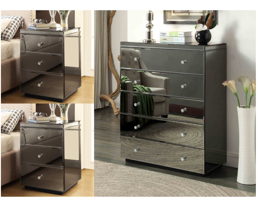 Rio Smoke Mirror Bedside Tables and Tallboy 3 Piece Package