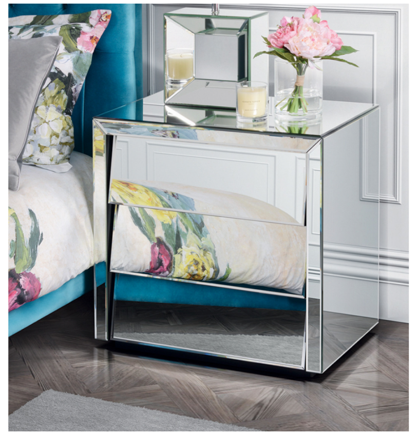 Hollywood Mirrored Bedside Table 3 Drawer Louvre Handle