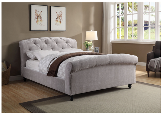 HIGHGATE QUEEN Upholstered Sleigh Bed Sherlock Nickel Colour Fabric USB Charge Ports