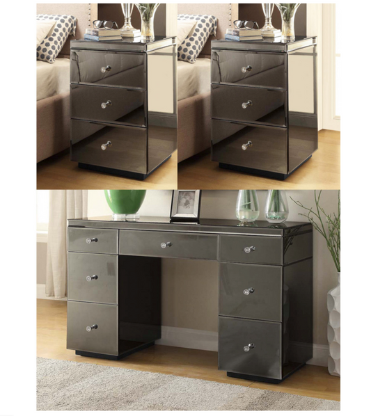 RIO Smoke Mirror Bedside tables & 7 Drawer Dresser Package