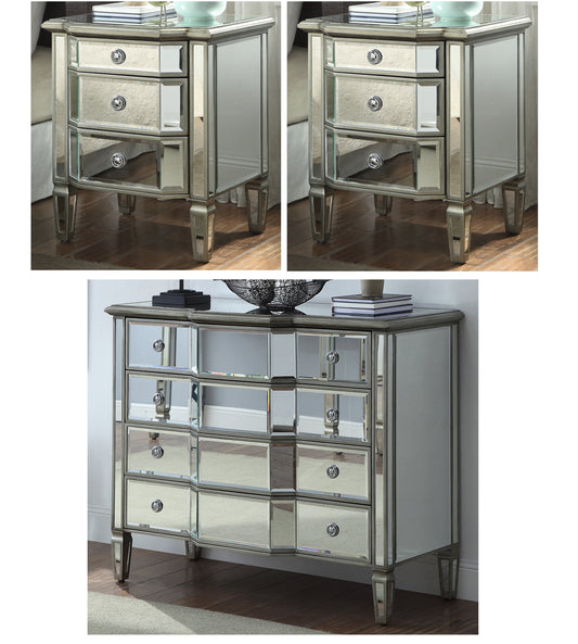 LEONORE 2 x Silver Mirror Bedside table & Dresser Chest Bedroom Package