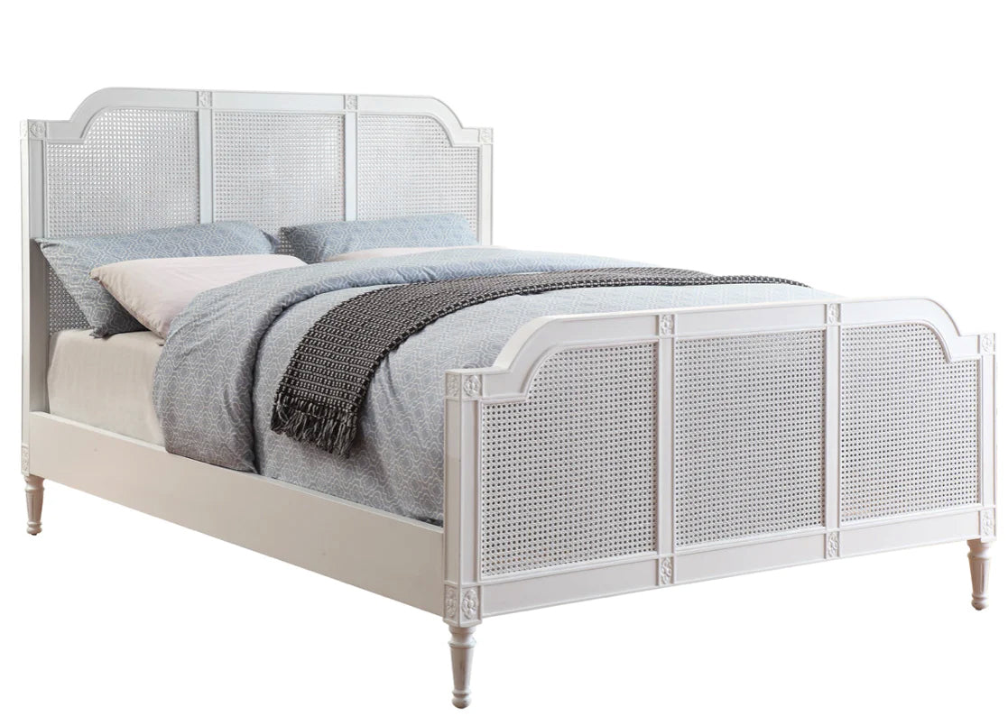 BORDEAUX Queen Bed French Style White "Distressed" Finish with Rattan