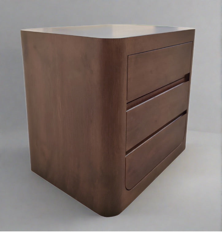 TWILIGHT Bedside Table Curved Oak 3 Drawer Walnut Finish - Factory Second New Boxed