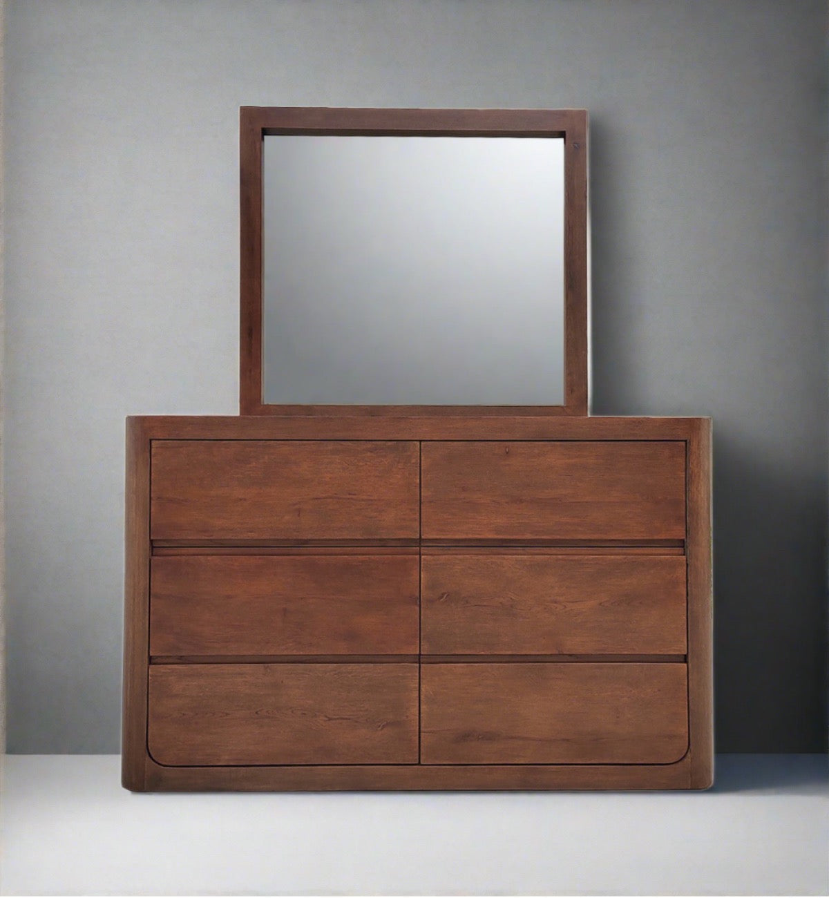 TWILIGHT Dressing Table Curved Oak 6 Drawer + Mirror Walnut Finish - Factory Second