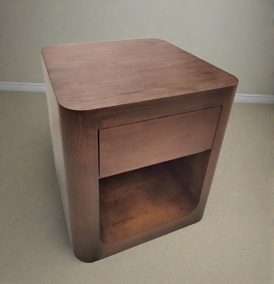 TWILIGHT Bedside Table Curved Oak 1 Drawer Walnut Finish - Factory Second