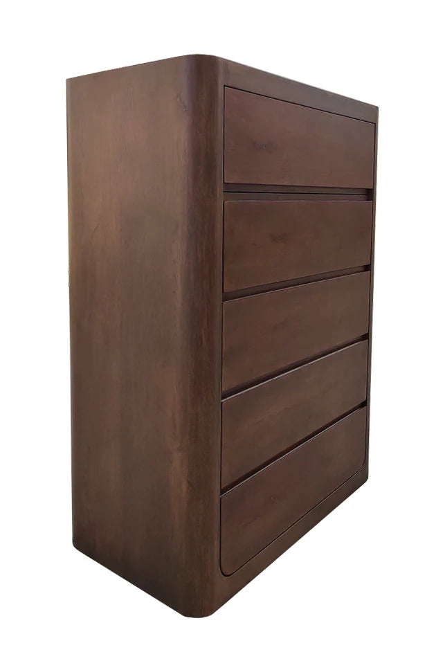 TWILIGHT Tallboy Curved Oak 5 Drawer Walnut Finish - Factory Second