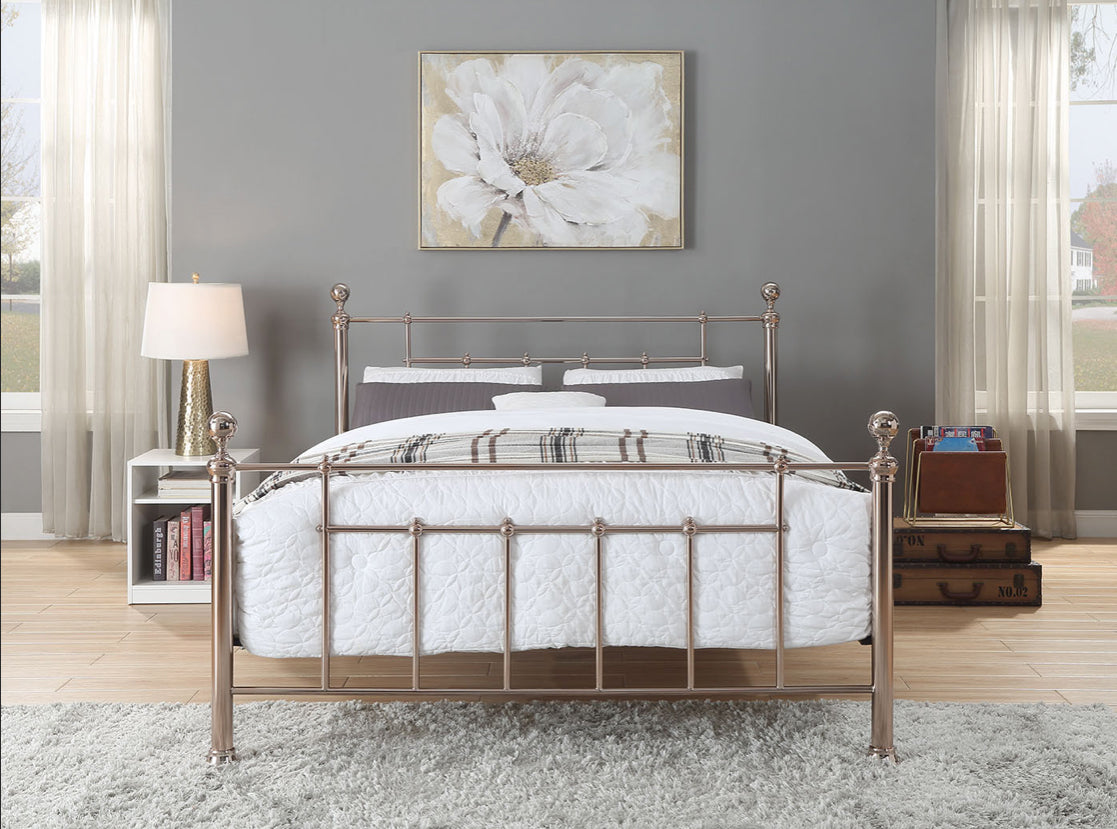 FLORENCE Queen Bed Rose Gold Plated with Round Metal Finials