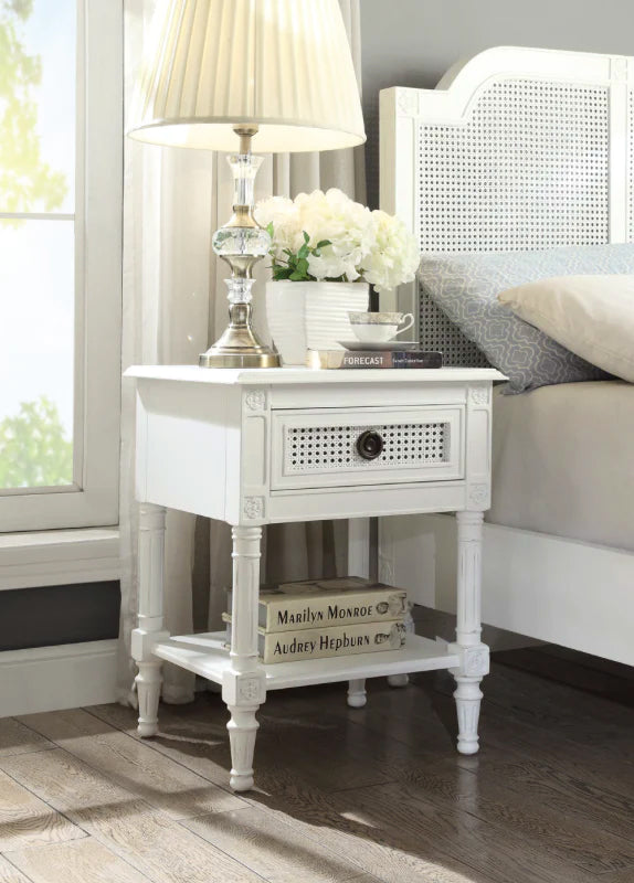 BORDEAUX Bedside Table French style White "Distressed" Finish with Rattan