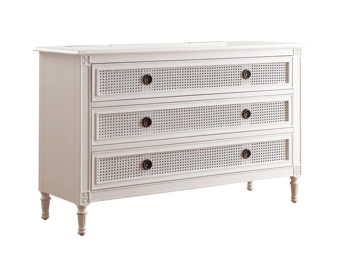 BORDEAUX Dressing Table French Style White "Distressed" Finish with Rattan