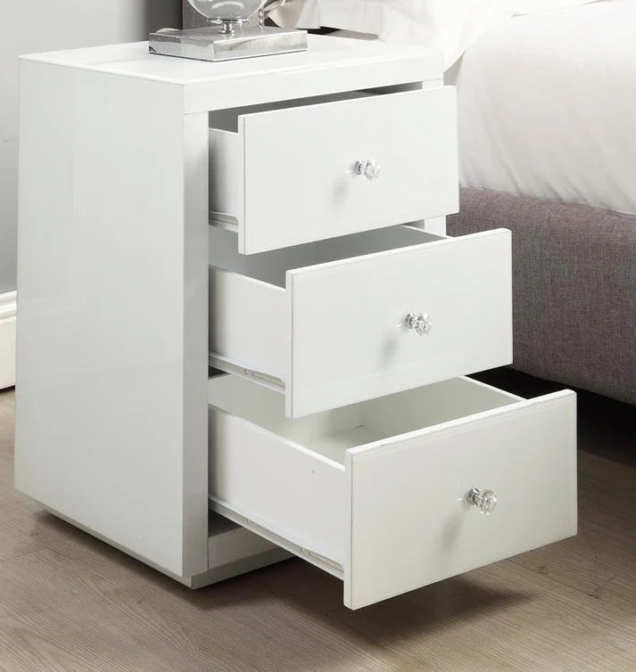 Roma White Glass Mirrored 3 Drawer Bedside Table