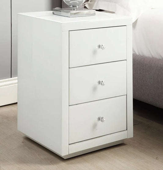 Roma White Glass Mirrored 3 Drawer Bedside Table