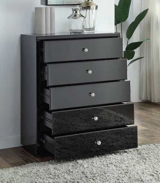 Roma Black Glass Mirror Tallboy 5 Drawer