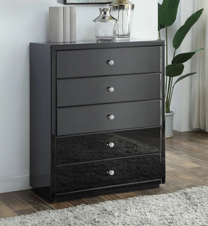 Roma Black Glass Mirror Tallboy 5 Drawer