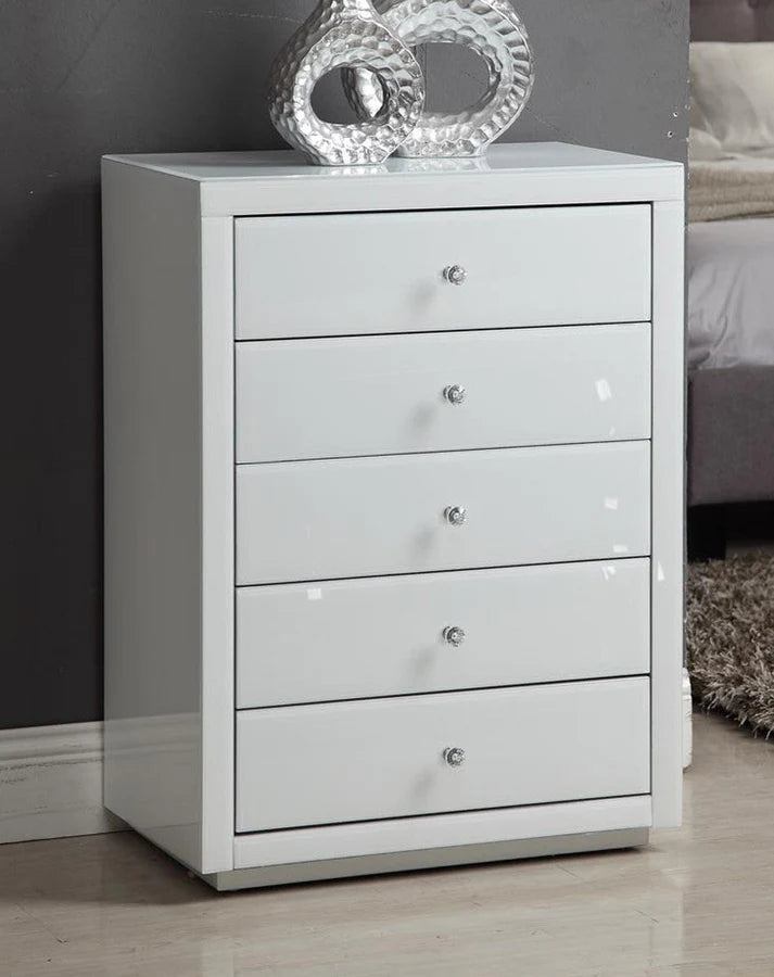 Roma White Glass Mirror Tallboy 5 Drawer