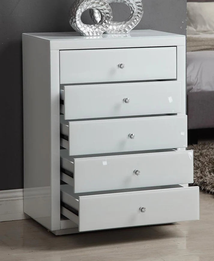 Roma White Glass Mirror Tallboy 5 Drawer