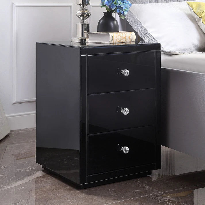 Roma Black Glass 3 Drawer Bedside Table Nightstand