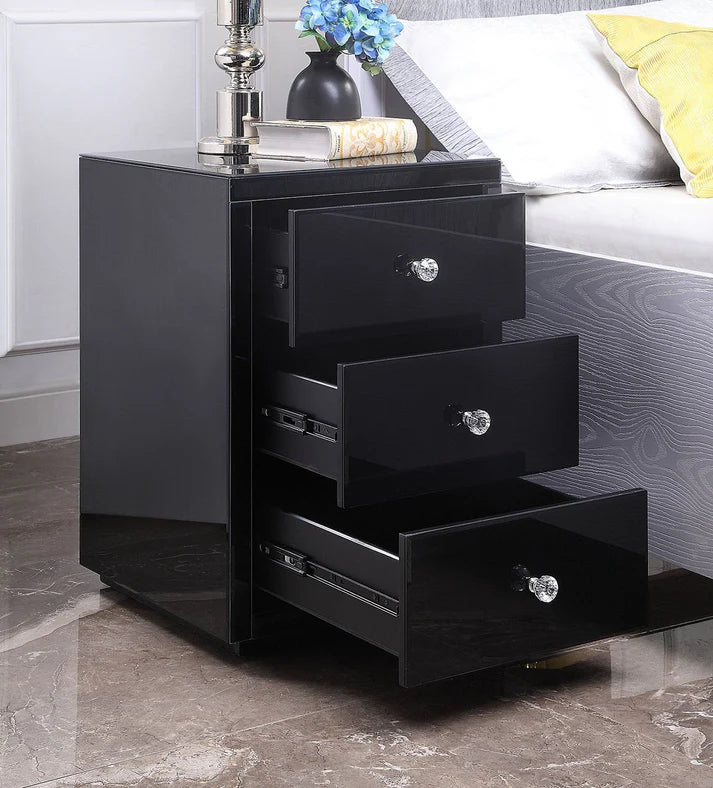 Roma Black Glass 3 Drawer Bedside Table Nightstand