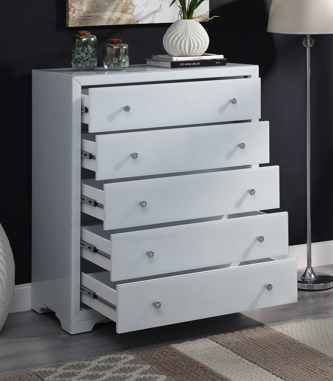 VALE White Glass 5 Drawer Tallboy – Contemporary Bedroom Storage