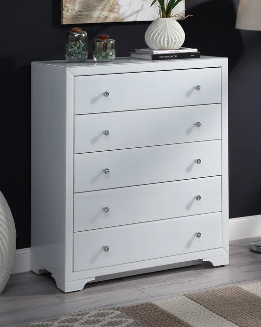 VALE White Glass 5 Drawer Tallboy – Contemporary Bedroom Storage