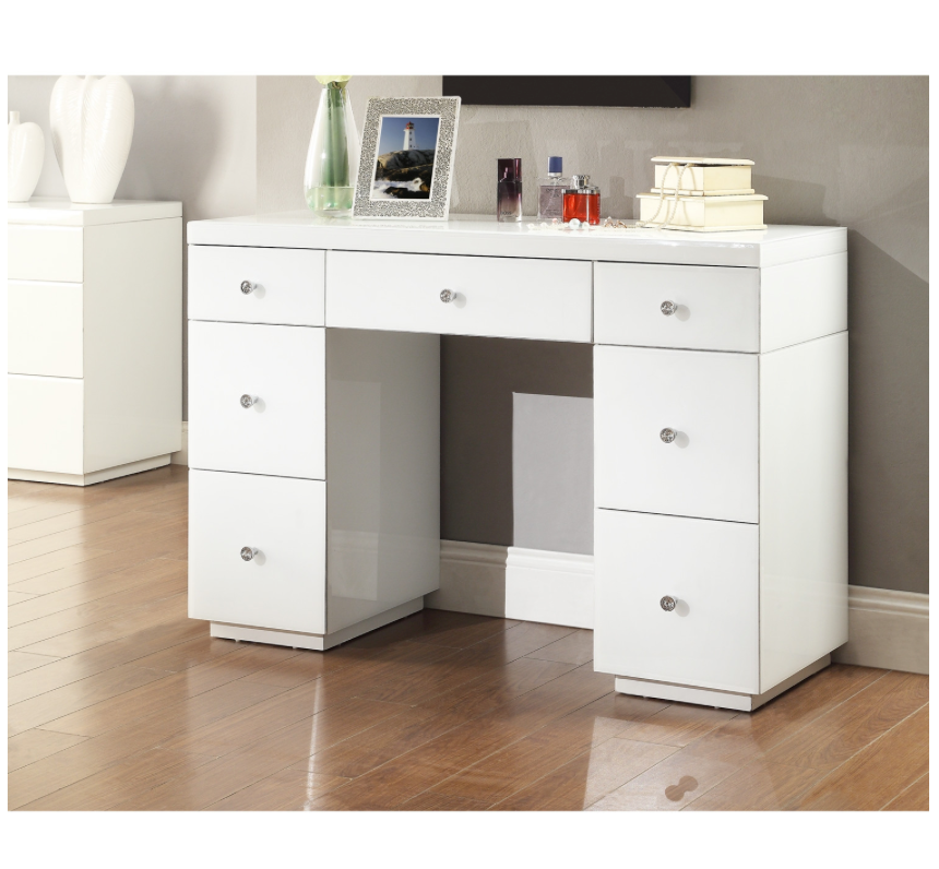 Rio White Glass Dressing Table 7 Drawers Metal Crystal Insert Handles