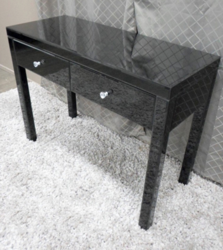 Reflections Black Glass Dressing Table Console 2 Drawers Crystal Effect Handles