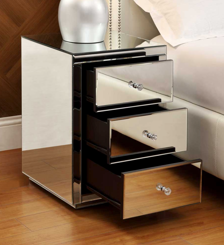 NEVADA Mirrored Bedside Table 3 Drawer with Crystal Effect Handle