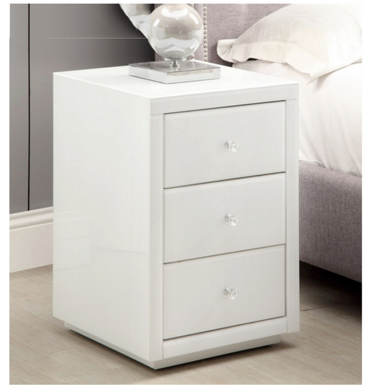 NEVADA White Glass Bedside Table 3 Drawer with Crystal Effect Handle