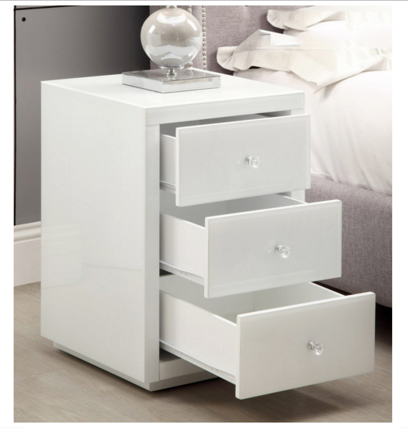 NEVADA White Glass Bedside Table 3 Drawer with Crystal Effect Handle