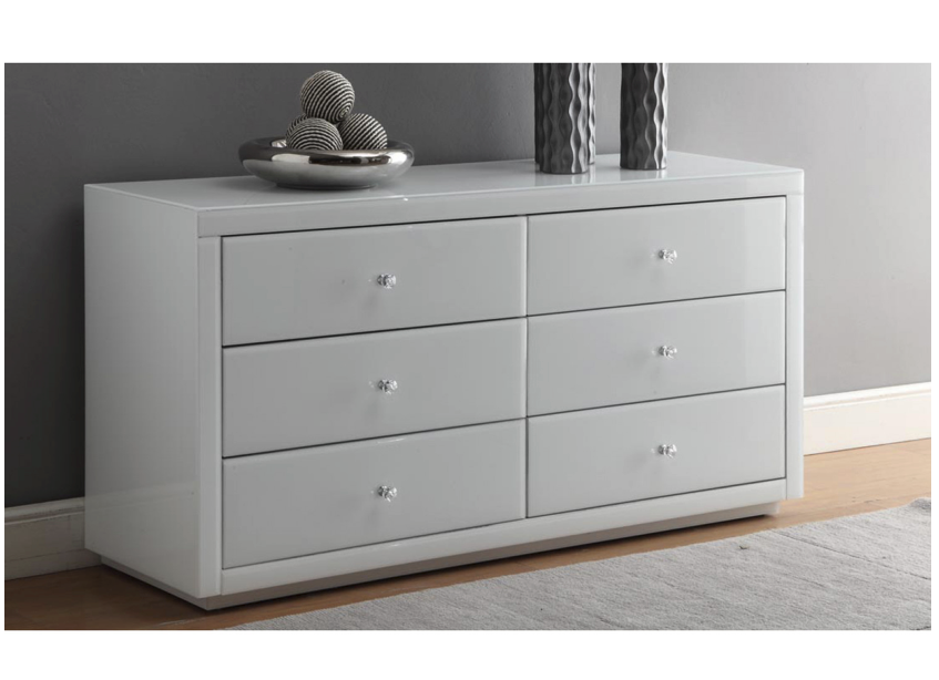 NEVADA White Glass Dressing Table Low Chest 6 Drawers