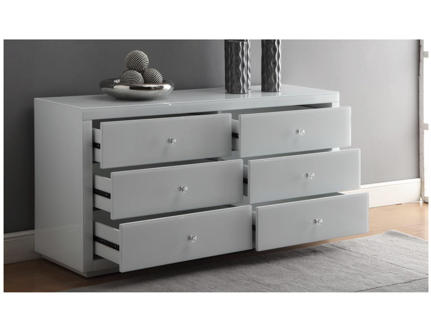 NEVADA White Glass Dressing Table Low Chest 6 Drawers