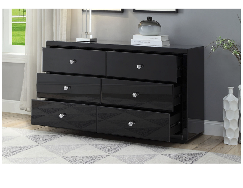 NEVADA Black Glass Dressing Table Low Chest 6 Drawers