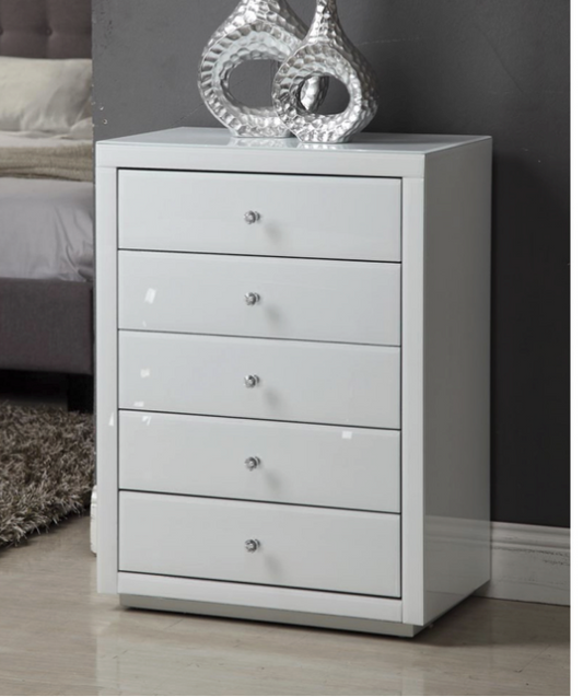 NEVADA White Glass Tallboy 5 Drawers with Crystal Effect Handle