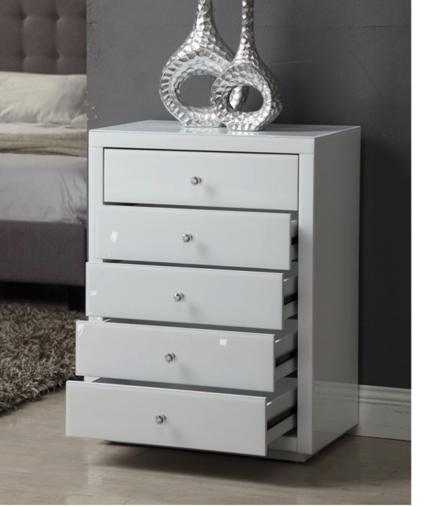 NEVADA White Glass Bedside Tables and Tallboy 3 Piece Package