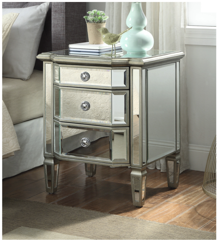 Leonore Mirrored Bedside Table 3 Drawer with Metal Handle Soft Close Drawers