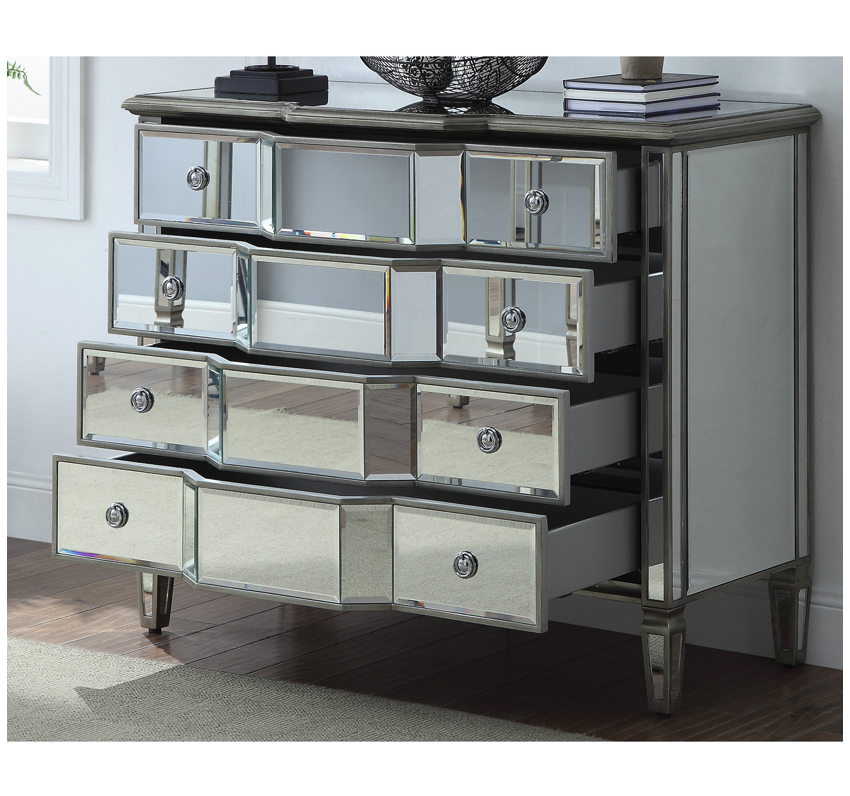 Leonore Mirrored Dresser Chest 4 Soft Close Drawers Metal Handles