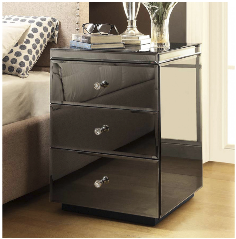 Rio Smoke Mirror Bedside Table 3 Drawers Metal and Crystal Insert Handles