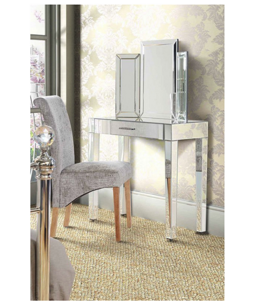 Zoe Mirrored Dressing Table Console 1 Drawer 4 legs Metal Handle