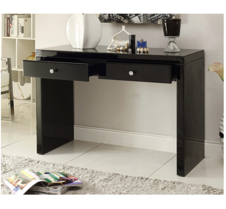 Rio Black Glass Dressing Table Console 2 Drawers Metal & Crystal Insert Handles