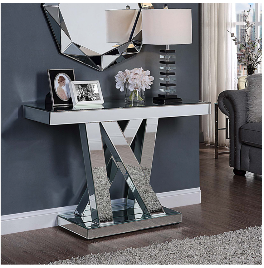 Lizetta Mirrored Console Hallway Table with Mirror Criss Cross Stand Sections