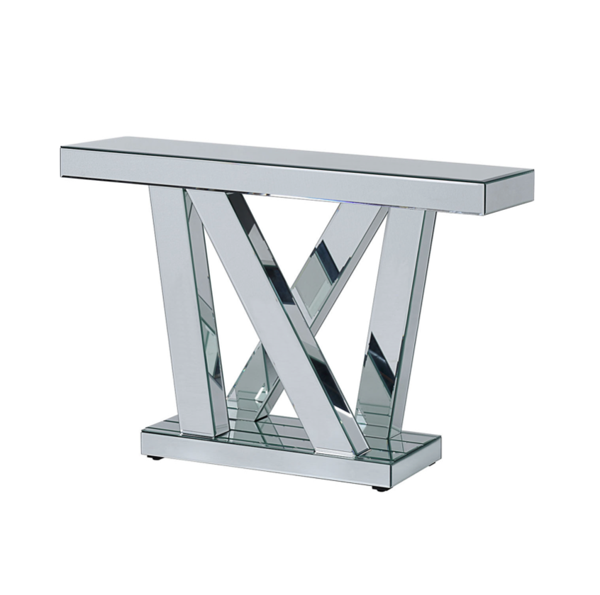 Lizetta Mirrored Console Hallway Table with Mirror Criss Cross Stand Sections