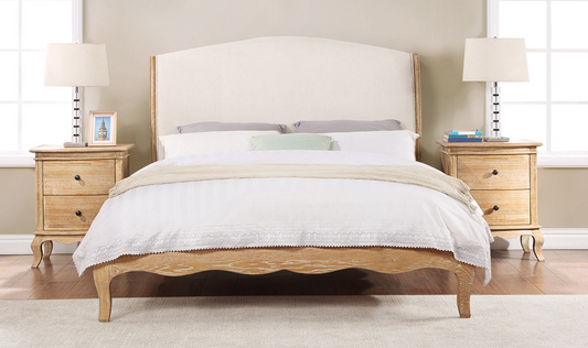ONTARIO King Bed Oak Wood & Upholstered Weathered Provincial Finish