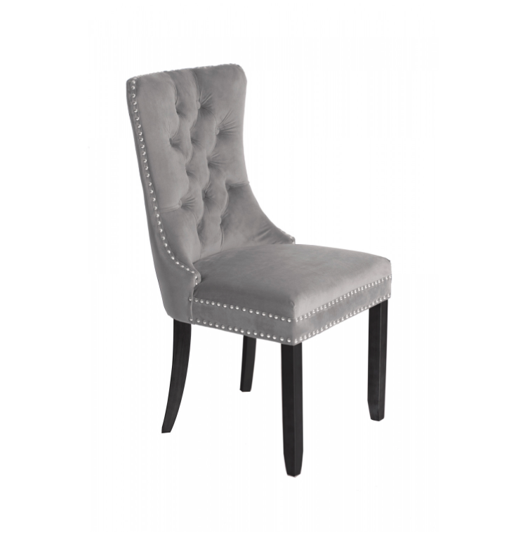 Antoinette Plush Dining Chair Dove Grey Velvet With Chrome Details & Chrome Rear Handle