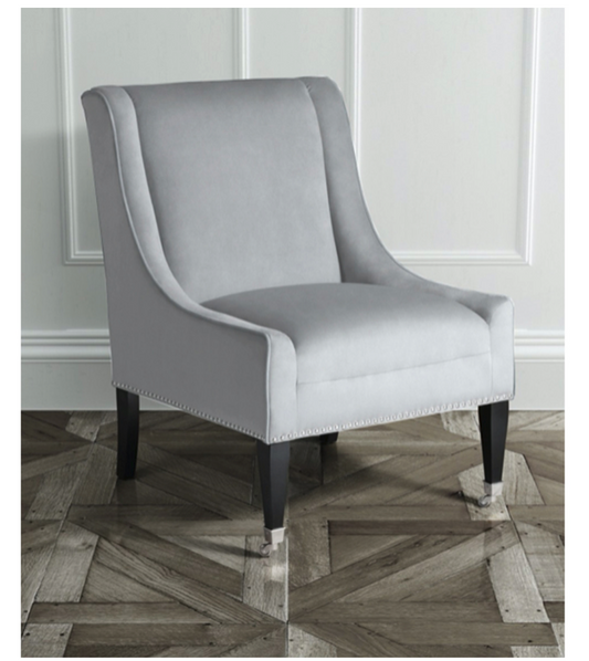 Lauren Plush Armchair Grey Velvet With Chrome Details and Front leg wheels